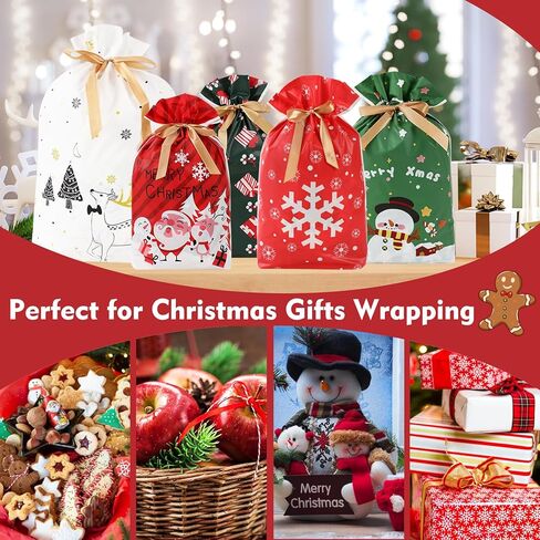 KESIKA Christmas Drawstring Gift Bags 18PCS in 6 Styles Christmas Wrapping Bags Xmas Treats Bags Christma s Party Favor Pouch Goody Sweet Treat Candy Bags with Ribbon Ties in Saudi Arabia