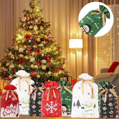 KESIKA Christmas Drawstring Gift Bags 18PCS in 6 Styles Christmas Wrapping Bags Xmas Treats Bags Christma s Party Favor Pouch Goody Sweet Treat Candy Bags with Ribbon Ties in Saudi Arabia