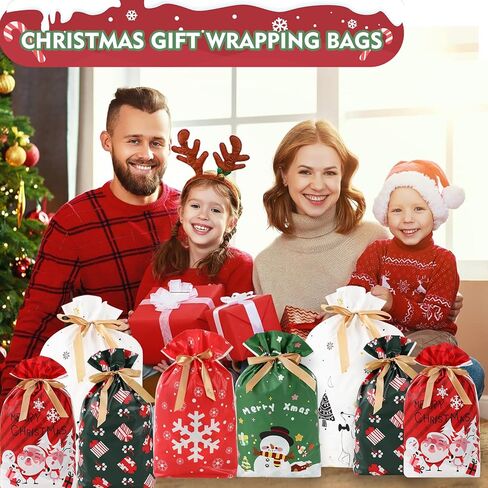 KESIKA Christmas Drawstring Gift Bags 18PCS in 6 Styles Christmas Wrapping Bags Xmas Treats Bags Christma s Party Favor Pouch Goody Sweet Treat Candy Bags with Ribbon Ties in Saudi Arabia