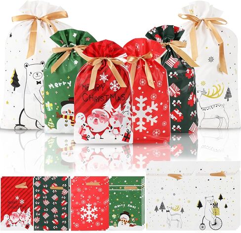 KESIKA Christmas Drawstring Gift Bags 18PCS in 6 Styles Christmas Wrapping Bags Xmas Treats Bags Christma s Party Favor Pouch Goody Sweet Treat Candy Bags with Ribbon Ties in Saudi Arabia