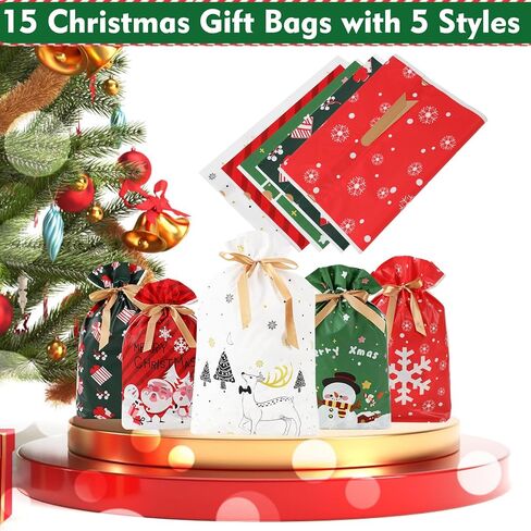 KESIKA Christmas Drawstring Gift Bags 18PCS in 6 Styles Christmas Wrapping Bags Xmas Treats Bags Christma s Party Favor Pouch Goody Sweet Treat Candy Bags with Ribbon Ties in Saudi Arabia
