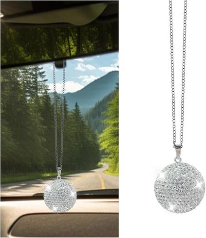 Bling Crystal Ball Car Rearview Mirror Pendant- Lucky Rhinestone Ornament Car Rear View Mirror Charm- Sparkly Diamond Decoration Auto Interior Hanging Accessories for Women (White Ball) in Saudi Arabia