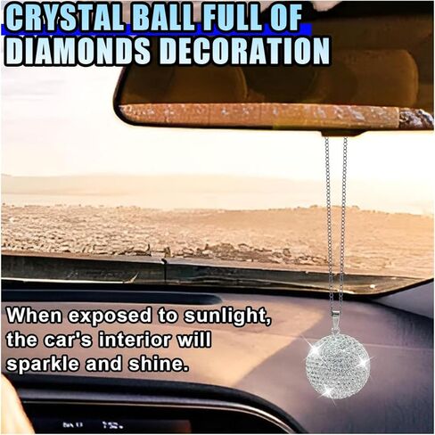 Bling Crystal Ball Car Rearview Mirror Pendant- Lucky Rhinestone Ornament Car Rear View Mirror Charm- Sparkly Diamond Decoration Auto Interior Hanging Accessories for Women (White Ball) in Saudi Arabia