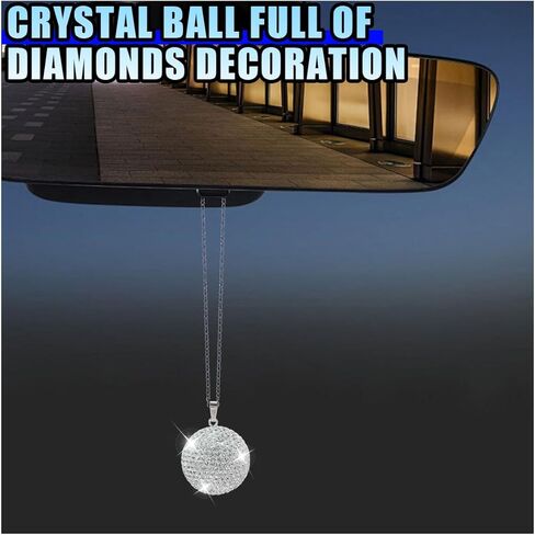 Bling Crystal Ball Car Rearview Mirror Pendant- Lucky Rhinestone Ornament Car Rear View Mirror Charm- Sparkly Diamond Decoration Auto Interior Hanging Accessories for Women (White Ball) in Saudi Arabia