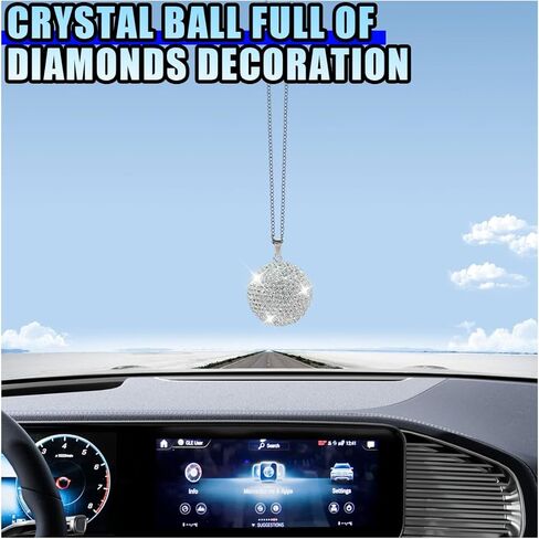 Bling Crystal Ball Car Rearview Mirror Pendant- Lucky Rhinestone Ornament Car Rear View Mirror Charm- Sparkly Diamond Decoration Auto Interior Hanging Accessories for Women (White Ball) in Saudi Arabia
