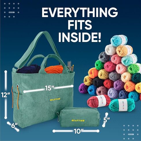 CRAFTISS Crochet Bag Yarn Storage - Christmas Gift - Durable Corduroy Yarn Bag for Crochet Accessories - Organizer with Knitting Accessories Case (Green) in Saudi Arabia