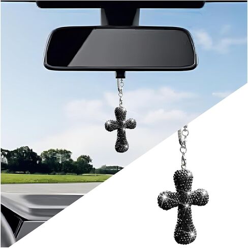Bling Car Hanging Ornament, Double-Sided Cross Crystal Rhinestone Vehicle Rear View Mirror Charm, Cute Diamond Rearview Mirror Pendant, Universal Auto Interior Accessories (Red) in Saudi Arabia