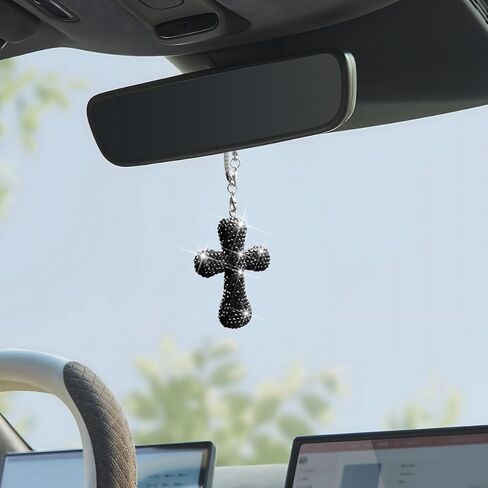 Bling Car Hanging Ornament, Double-Sided Cross Crystal Rhinestone Vehicle Rear View Mirror Charm, Cute Diamond Rearview Mirror Pendant, Universal Auto Interior Accessories (Red) in Saudi Arabia