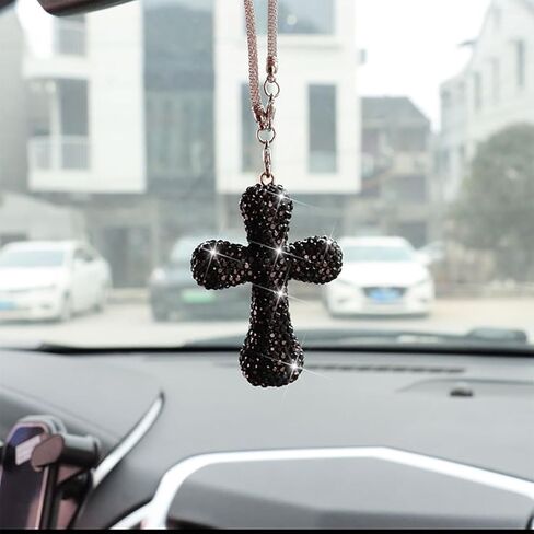 Bling Car Hanging Ornament, Double-Sided Cross Crystal Rhinestone Vehicle Rear View Mirror Charm, Cute Diamond Rearview Mirror Pendant, Universal Auto Interior Accessories (Red) in Saudi Arabia