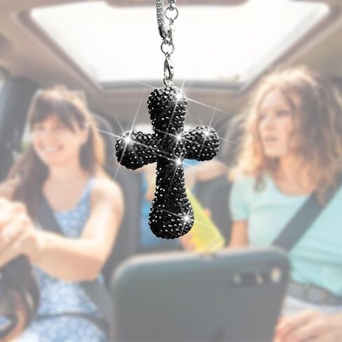 Bling Car Hanging Ornament, Double-Sided Cross Crystal Rhinestone Vehicle Rear View Mirror Charm, Cute Diamond Rearview Mirror Pendant, Universal Auto Interior Accessories (Red) in Saudi Arabia