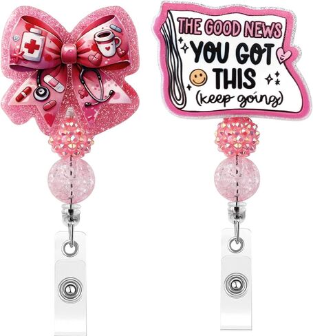 2 Pcs Cute Badge Reel Retractable, Pink Bow Tie You Got This with Beaded Funny Nurse Accessories Name Tag ID Clip Holder for Doctor Student Medical Assistant Coworker Work Accessories Gifts in Saudi Arabia