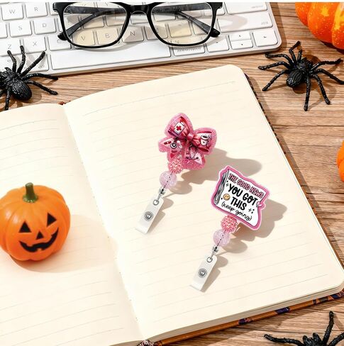 2 Pcs Cute Badge Reel Retractable, Pink Bow Tie You Got This with Beaded Funny Nurse Accessories Name Tag ID Clip Holder for Doctor Student Medical Assistant Coworker Work Accessories Gifts in Saudi Arabia