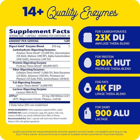 Enzymedica Digest Gold + ATPro, Maximum Strength Enzyme Formula, Prevents Bloating and Gas, 14 Key Enzymes Including Amylase, Protease, Lipase and Lactase, 180 Capsules (FFP) in Kuwait