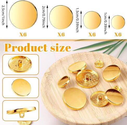 Gold Button 24 PCS Gold Dress Buttons Metal Flat Button Round Shaped Sewing Replacement Buttons for Suit Coat Shirt Jackets Craft Blazers Coat Alloy Shank Craft for Men Women 10mm 15mm 20mm 25mm in Saudi Arabia