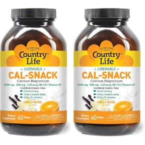 Country Life Cal-Snack, Chewable Calcium, Magnesium with Vitamin D, 1000mg/500mg/50 IU, Dairy-Free, Vanilla Orange Flavor, 60 Wafers, Certified Gluten Free, Certified Vegan in Kuwait