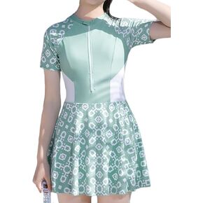 Teen Girls' One Piece Short Sleeve Skirted Bathing Suit Rash Guard Sporty Swimdress Zipper Front in Kuwait