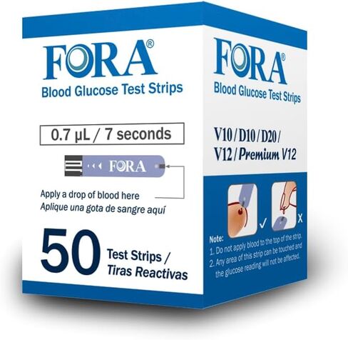 FORA V10 V12 D10 D20 PremiumV12 (غير متوافق مع Premium V10) شرائط اختبار الجلوكوز في الدم - 50 قطعة in Kuwait