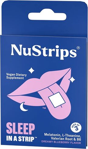 NuStrips Sleep in a Strip™ | شرائح الميلاتونين عن طريق الفم | يعمل بشكل أسرع من العلكة | طبيعي 100%، نباتي، لا يسبب العادة | 30 شريطًا ملفوفًا بشكل فردي in Kuwait