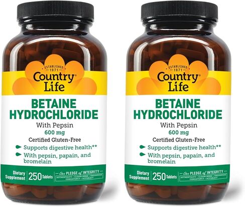 Country Life Betaine Hydrochloride with Pepsin, 600mg, 100 Tablets, Certified Gluten Free in Kuwait