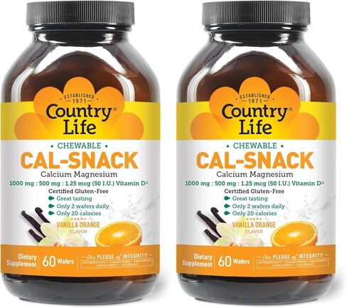 Country Life Cal-Snack, Chewable Calcium, Magnesium with Vitamin D, 1000mg/500mg/50 IU, Dairy-Free, Vanilla Orange Flavor, 60 Wafers, Certified Gluten Free, Certified Vegan in Kuwait