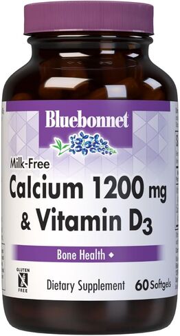 Bluebonnet Nutrition كالسيوم خالي من الحليب 1200 ملغ بالإضافة إلى فيتامين D3 400 وحدة دولية - فعالية عالية، الحد الأقصى لامتصاص العظام الصحية القوية ومكمل دعم صحة المناعة، خالي من الغلوتين ومنتجات الألبان، 120 كبسولة هلامية in Kuwait