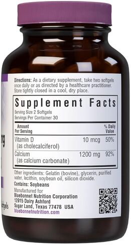 Bluebonnet Nutrition كالسيوم خالي من الحليب 1200 ملغ بالإضافة إلى فيتامين D3 400 وحدة دولية - فعالية عالية، الحد الأقصى لامتصاص العظام الصحية القوية ومكمل دعم صحة المناعة، خالي من الغلوتين ومنتجات الألبان، 120 كبسولة هلامية in Kuwait