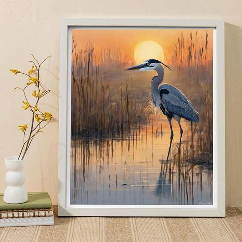 FUKVHIL DIY Oil Painting Paint by Number Kit for Adults Beginner Blue Heron, Dusk DIY Canvas Painting by Numbers Arts Craft for Home Wall Decoration, 40x50cm No Frame in Saudi Arabia