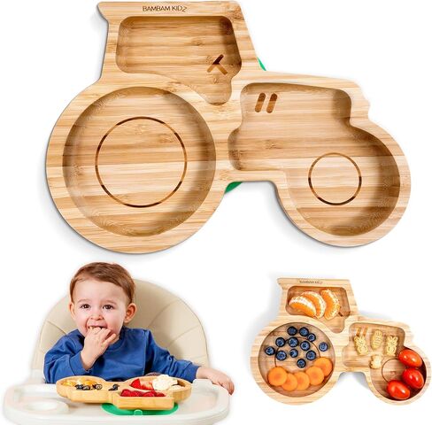 Bamboo Divided Suction Plates for Baby - Strong Suction Plates for Toddlers - Non-toxic All Natural Eco Friendly Materials - Digger in Saudi Arabia