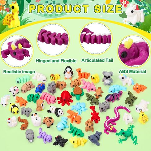 52 Pcs Mini 3D Printed Animals Set, 3D Printed Little Animals Articulated Flexible Fidget Toys Small Animal Figurines Toy for Boys Girls Students Rewards Carnival Prizes Pinata Filler in Saudi Arabia