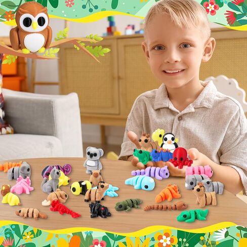 52 Pcs Mini 3D Printed Animals Set, 3D Printed Little Animals Articulated Flexible Fidget Toys Small Animal Figurines Toy for Boys Girls Students Rewards Carnival Prizes Pinata Filler in Saudi Arabia
