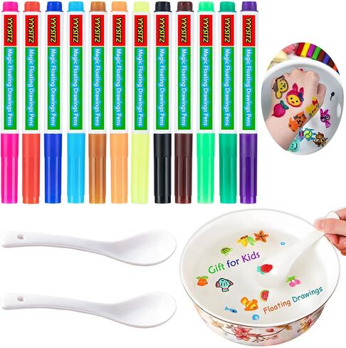 Kiddies Create Magical Floating Drawings Pens, 12 Colors Magic Floating Markers Bundle, Magic Drawing Pen for Kids Water, Magical Draw Pens Set with Spoons for DIY Tattoo, Gifts for Boys and Girls in Saudi Arabia