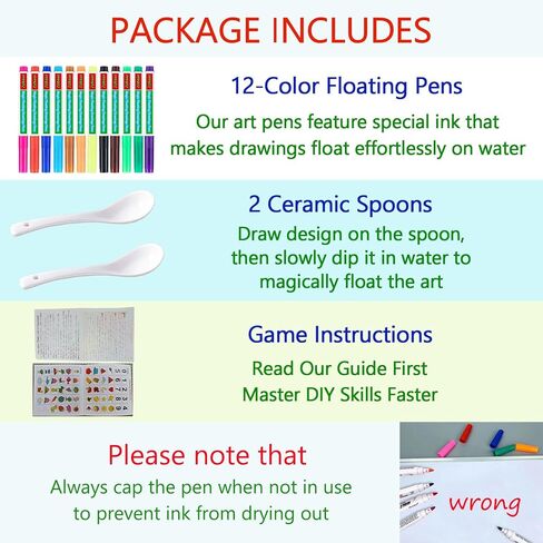 Kiddies Create Magical Floating Drawings Pens, 12 Colors Magic Floating Markers Bundle, Magic Drawing Pen for Kids Water, Magical Draw Pens Set with Spoons for DIY Tattoo, Gifts for Boys and Girls in Saudi Arabia