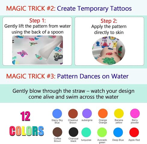 Kiddies Create Magical Floating Drawings Pens, 12 Colors Magic Floating Markers Bundle, Magic Drawing Pen for Kids Water, Magical Draw Pens Set with Spoons for DIY Tattoo, Gifts for Boys and Girls in Saudi Arabia