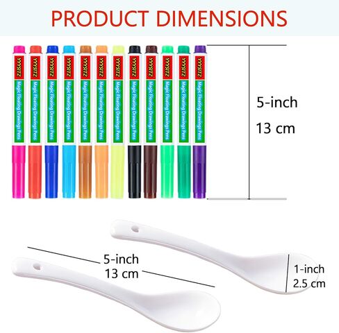 Kiddies Create Magical Floating Drawings Pens, 12 Colors Magic Floating Markers Bundle, Magic Drawing Pen for Kids Water, Magical Draw Pens Set with Spoons for DIY Tattoo, Gifts for Boys and Girls in Saudi Arabia
