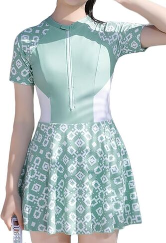 Teen Girls' One Piece Short Sleeve Skirted Bathing Suit Rash Guard Sporty Swimdress Zipper Front in Kuwait