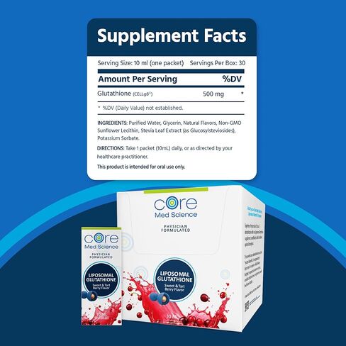 Core Med Science Liposomal Glutathione Liquid Supplement (500mg, 4 Fl Oz) - Pure Reduced Setria with Phospholipid Complex - Antioxidant Supplement for Energy, Brain Health, Skin & Liver Health in Saudi Arabia