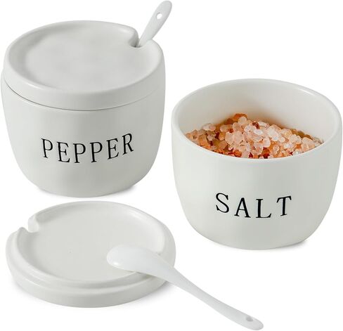 2 Pack Salt and Pepper Bowls Set, Ceramic Salt and Pepper Containers with Lid and Spoon, White Salt Pepper Holder Shakers Set, Salt Cellar Box Dish with Lid in Saudi Arabia