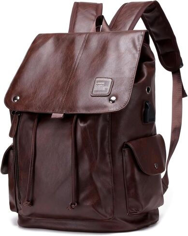 PU leather backpack, casual backpack men women. USB charging port. Suitable for work, commuting, traveling, etc. (Brown) in Saudi Arabia