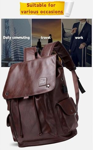 PU leather backpack, casual backpack men women. USB charging port. Suitable for work, commuting, traveling, etc. (Brown) in Saudi Arabia