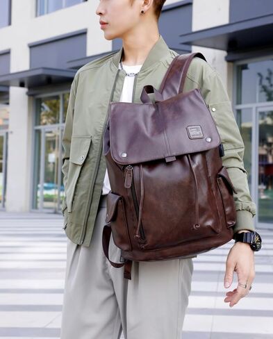 PU leather backpack, casual backpack men women. USB charging port. Suitable for work, commuting, traveling, etc. (Brown) in Saudi Arabia