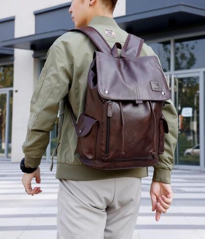 PU leather backpack, casual backpack men women. USB charging port. Suitable for work, commuting, traveling, etc. (Brown) in Saudi Arabia