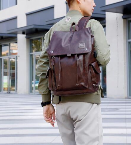 PU leather backpack, casual backpack men women. USB charging port. Suitable for work, commuting, traveling, etc. (Brown) in Saudi Arabia