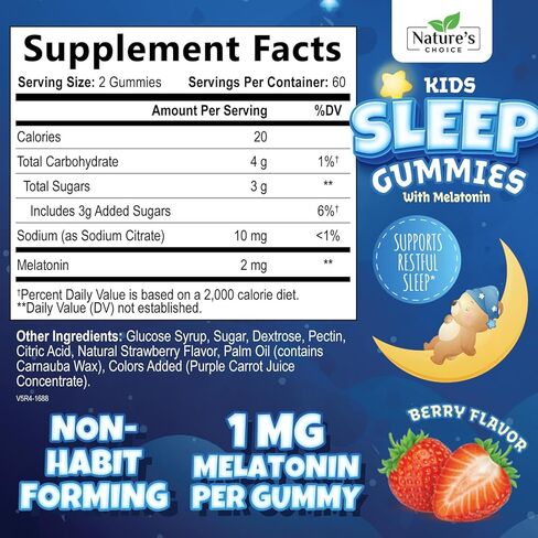 Kids Sleep Gummies Supplement, 2mg, Natural Fast Acting Melatonin Gummy Sleep Support Supplement for Children, Vegan Non-GMO Chewable for Toddlers Ages 4 and up - 60 Gummies in Kuwait