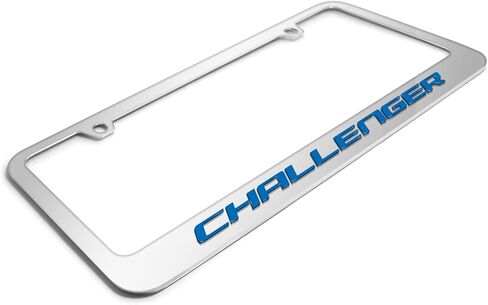 صورة iPick لسيارة Dodge Challenger باللون الأزرق ثلاثية الأبعاد على إطار لوحة ترخيص معدنية من الكروم المرآة - مرخصة رسميًا in Saudi Arabia