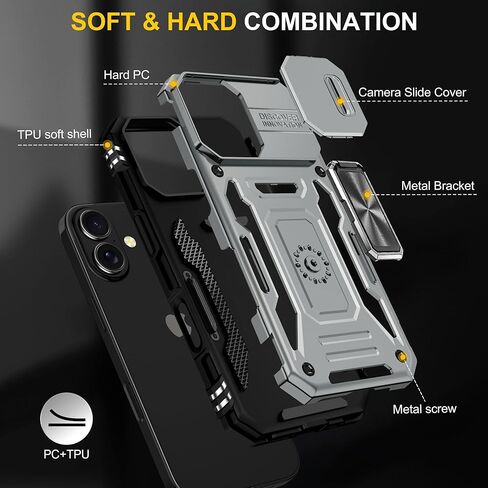 حافظة Goodon لهاتف iPhone 16 مع غطاء كاميرا منزلق + واقي شاشة - مسند حلقي مغناطيسي دوار - غطاء هاتف واقٍ مقاوم للصدمات بدرجة عسكرية للرجال والنساء والفتيات - أسود in Kuwait