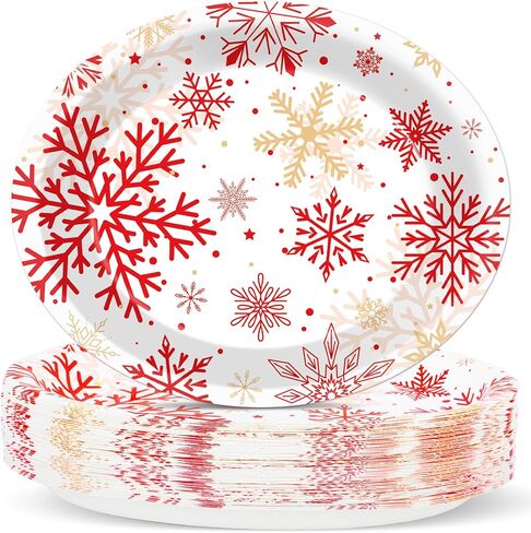 50 Count Christmas Oval Paper Plates Red Snowflake Party Decorations Christmas Red and White Plates 11x9 in Winter Holiday Disposable Cake Tablewares Platters for Xmas Dinner Birthday Supplies in Saudi Arabia