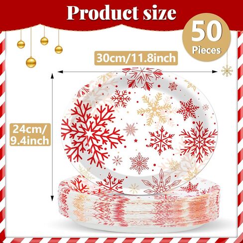 50 Count Christmas Oval Paper Plates Red Snowflake Party Decorations Christmas Red and White Plates 11x9 in Winter Holiday Disposable Cake Tablewares Platters for Xmas Dinner Birthday Supplies in Saudi Arabia