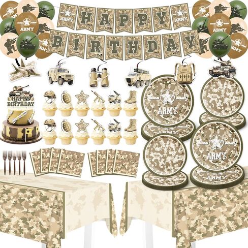 Army Birthday Party Decorations, Camo Party Decorations for 20 Guests with Banner, Balloons, Hanging Swirls, Tablecloths, Plates, Napkins, Forks, Cake Topper, Cupcake Toppers in Kuwait