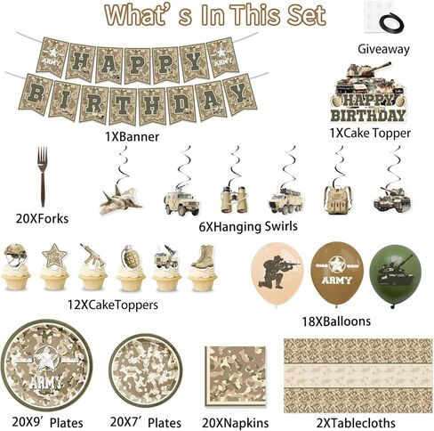 Army Birthday Party Decorations, Camo Party Decorations for 20 Guests with Banner, Balloons, Hanging Swirls, Tablecloths, Plates, Napkins, Forks, Cake Topper, Cupcake Toppers in Kuwait