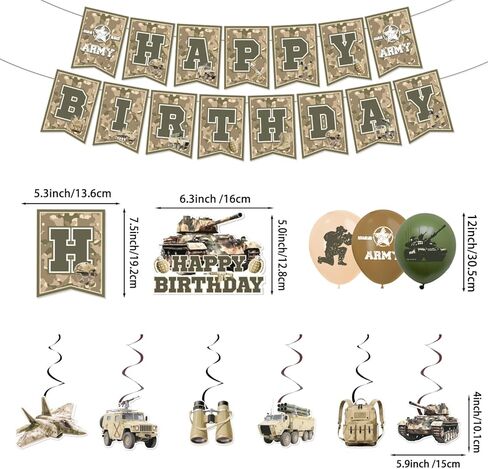 Army Birthday Party Decorations, Camo Party Decorations for 20 Guests with Banner, Balloons, Hanging Swirls, Tablecloths, Plates, Napkins, Forks, Cake Topper, Cupcake Toppers in Kuwait
